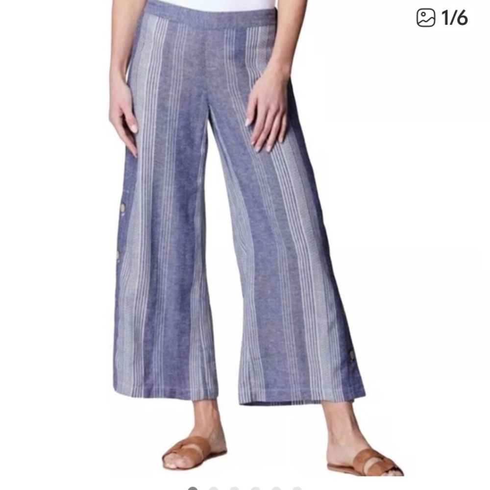 J.Jill Crop Pants Linen Blend Wide Leg Blue and white